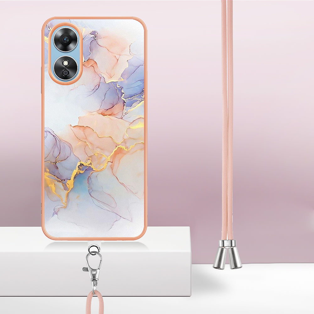 YB IMD Series-4 for Oppo A17 4G Marble Flower Pattern Design Case IMD TPU Electroplating Phone Cover with Lanyard - Milky Way Marble White