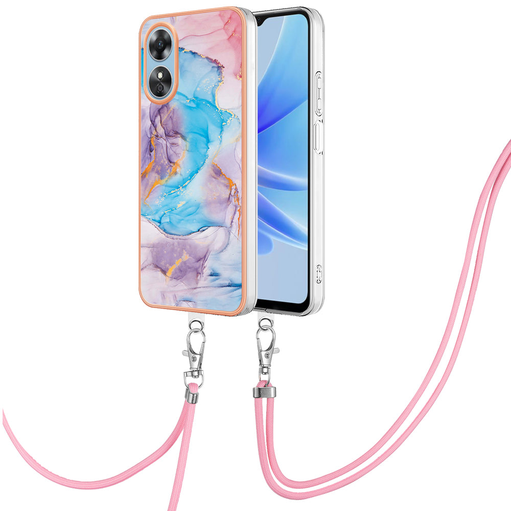 YB IMD Series-4 for Oppo A17 4G Marble Flower Pattern Design Case IMD TPU Electroplating Phone Cover with Lanyard - Milky Way Marble Blue