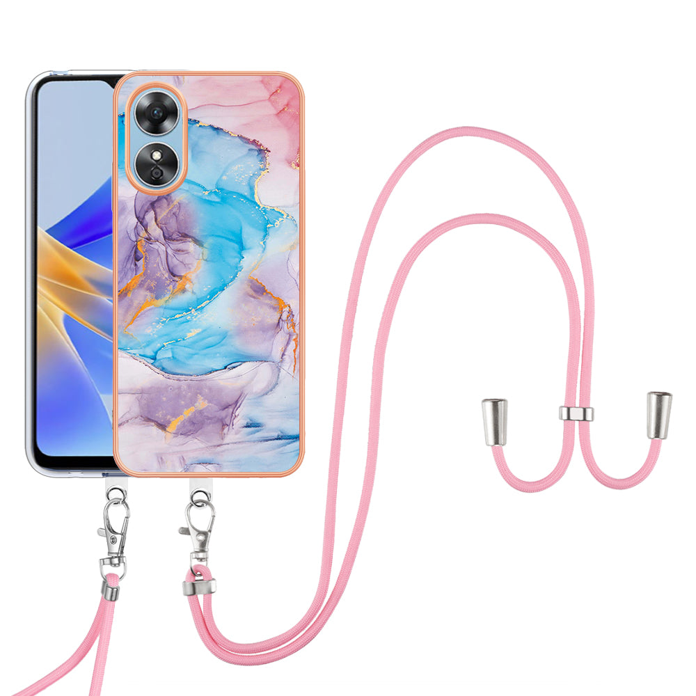 YB IMD Series-4 for Oppo A17 4G Marble Flower Pattern Design Case IMD TPU Electroplating Phone Cover with Lanyard - Milky Way Marble Blue