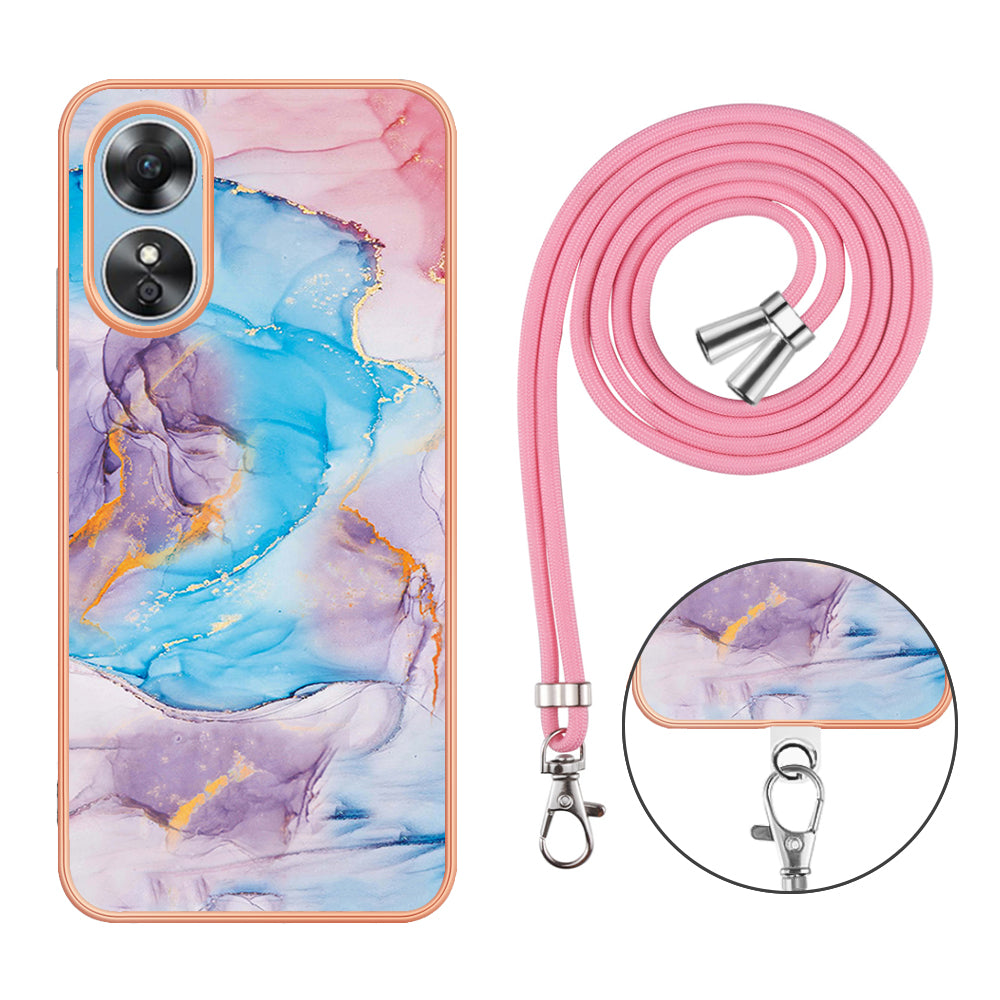 YB IMD Series-4 for Oppo A17 4G Marble Flower Pattern Design Case IMD TPU Electroplating Phone Cover with Lanyard - Milky Way Marble Blue
