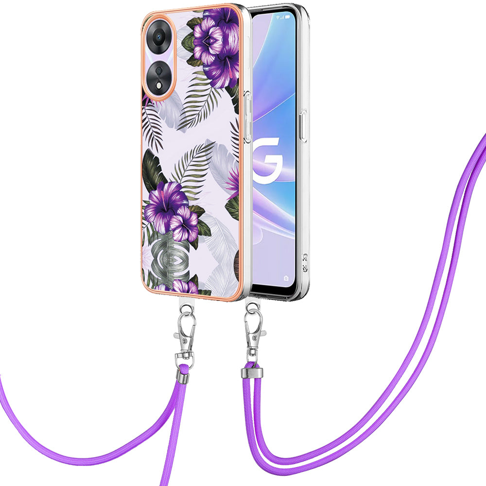 YB IMD Series-4 for Oppo A78 5G / A58 5G Electroplating TPU Cover IMD Marble Flower Pattern Phone Case with Lanyard - Purple Flowers