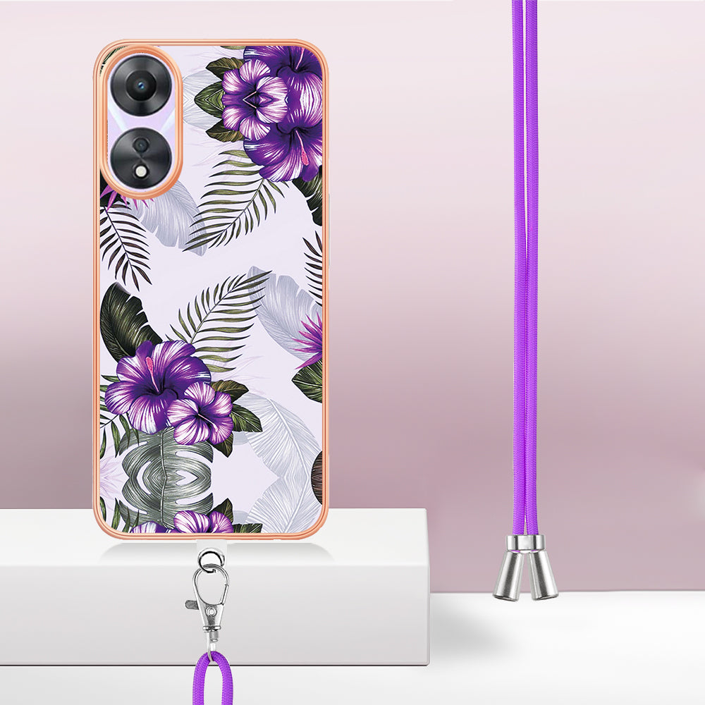 YB IMD Series-4 for Oppo A78 5G / A58 5G Electroplating TPU Cover IMD Marble Flower Pattern Phone Case with Lanyard - Purple Flowers