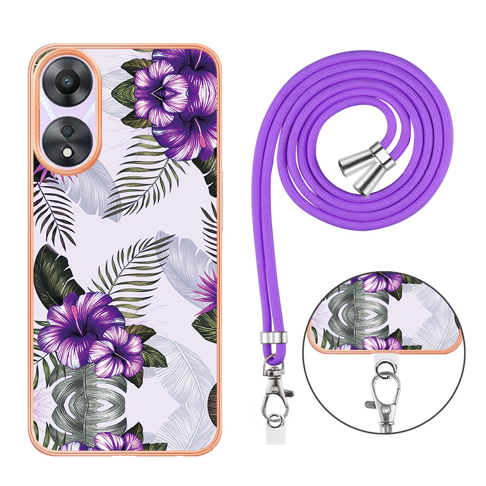 YB IMD Series-4 for Oppo A78 5G / A58 5G Electroplating TPU Cover IMD Marble Flower Pattern Phone Case with Lanyard - Purple Flowers