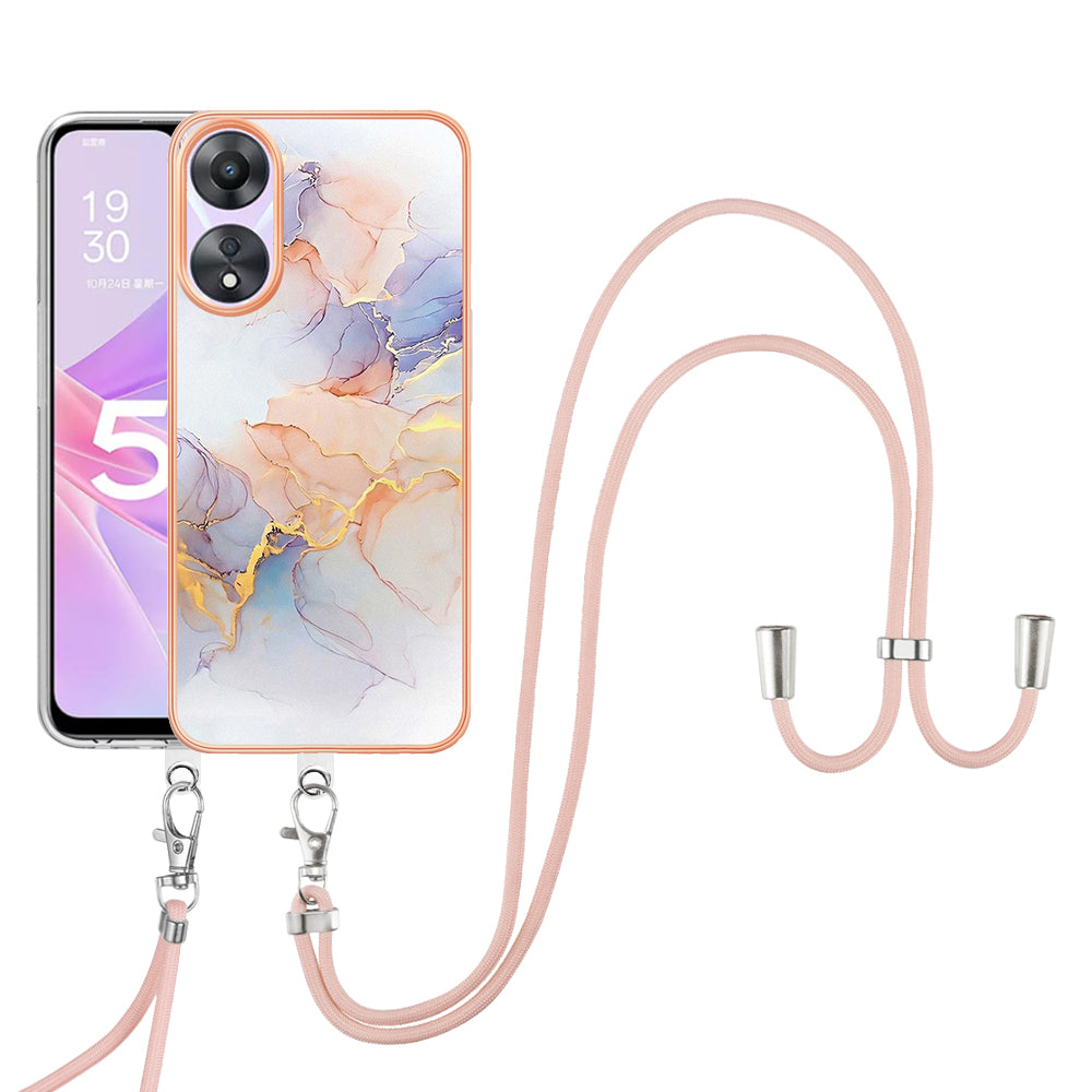 YB IMD Series-4 for Oppo A78 5G / A58 5G Electroplating TPU Cover IMD Marble Flower Pattern Phone Case with Lanyard - Milky Way Marble White