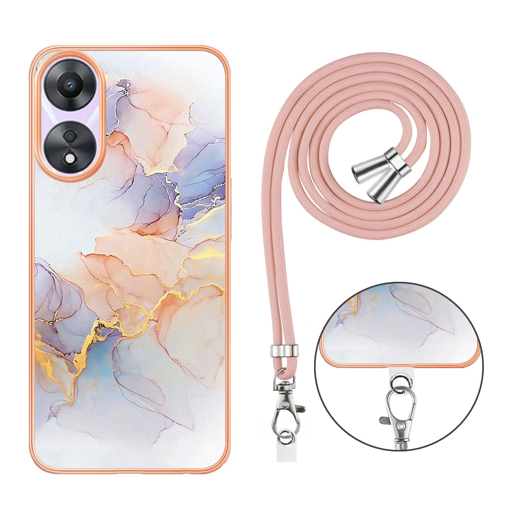 YB IMD Series-4 for Oppo A78 5G / A58 5G Electroplating TPU Cover IMD Marble Flower Pattern Phone Case with Lanyard - Milky Way Marble White