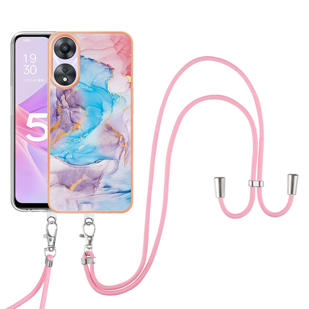 YB IMD Series-4 for Oppo A78 5G / A58 5G Electroplating TPU Cover IMD Marble Flower Pattern Phone Case with Lanyard - Milky Way Marble Blue