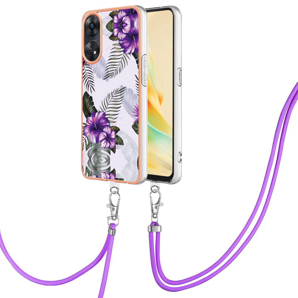 YB IMD Series-4 for Oppo Reno8 T 4G Flexible TPU Cover Electroplating Marble Flower Pattern IMD Phone Case with Lanyard - Purple Flowers