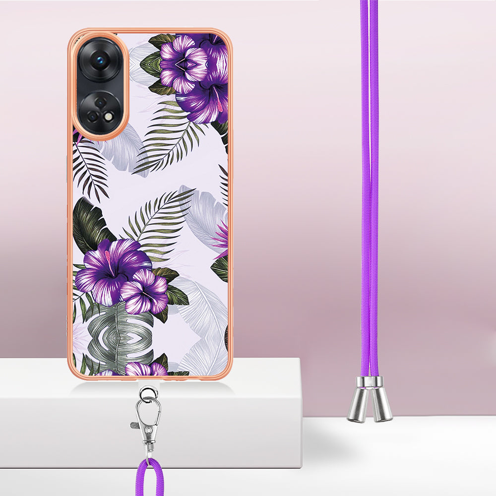 YB IMD Series-4 for Oppo Reno8 T 4G Flexible TPU Cover Electroplating Marble Flower Pattern IMD Phone Case with Lanyard - Purple Flowers