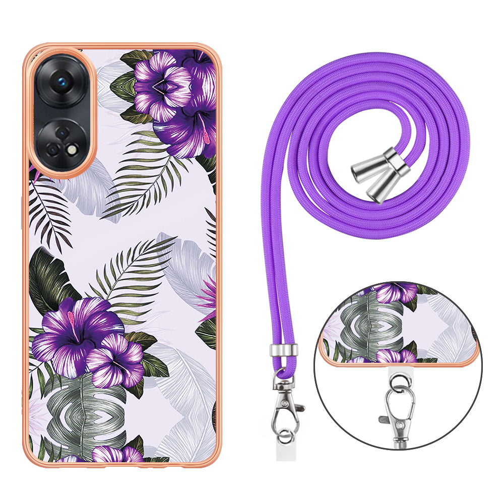 YB IMD Series-4 for Oppo Reno8 T 4G Flexible TPU Cover Electroplating Marble Flower Pattern IMD Phone Case with Lanyard - Purple Flowers
