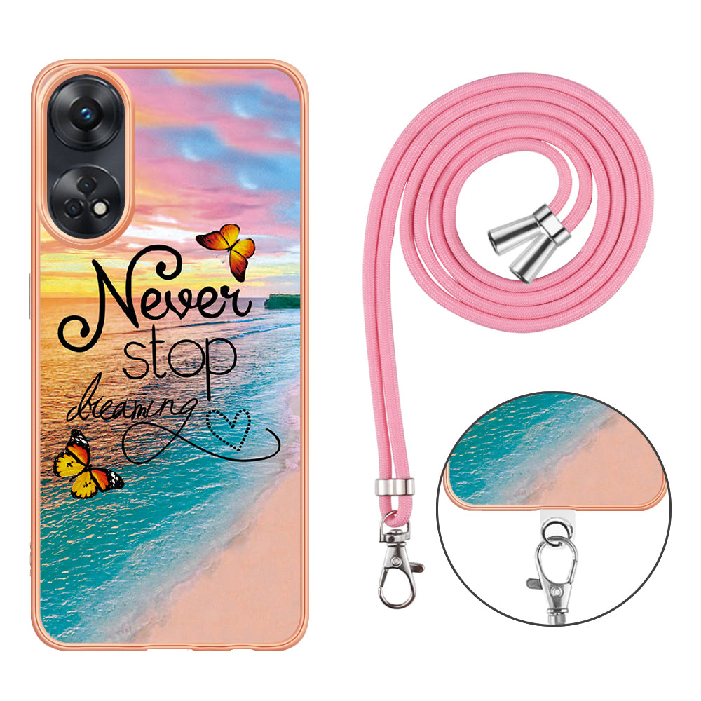 YB IMD Series-4 for Oppo Reno8 T 4G Flexible TPU Cover Electroplating Marble Flower Pattern IMD Phone Case with Lanyard - Never Stop Dreaming
