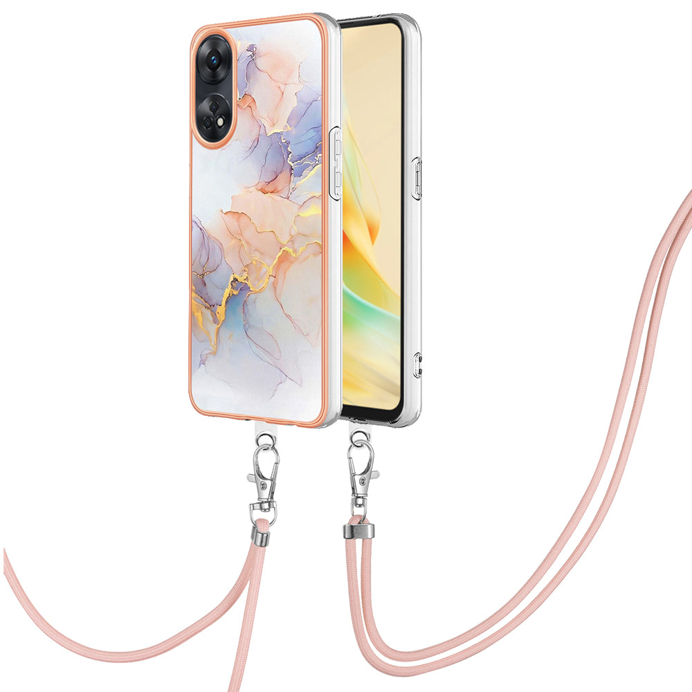 YB IMD Series-4 for Oppo Reno8 T 4G Flexible TPU Cover Electroplating Marble Flower Pattern IMD Phone Case with Lanyard - Milky Way Marble White