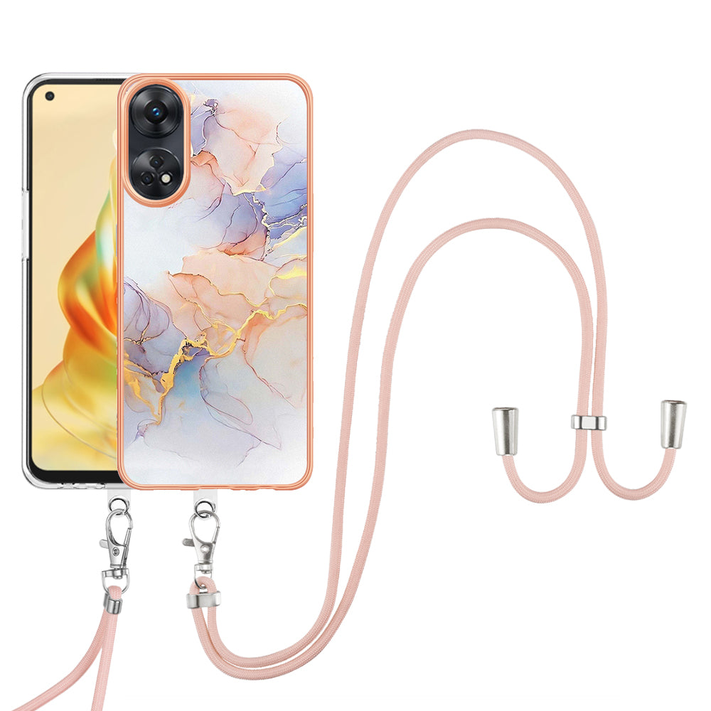 YB IMD Series-4 for Oppo Reno8 T 4G Flexible TPU Cover Electroplating Marble Flower Pattern IMD Phone Case with Lanyard - Milky Way Marble White