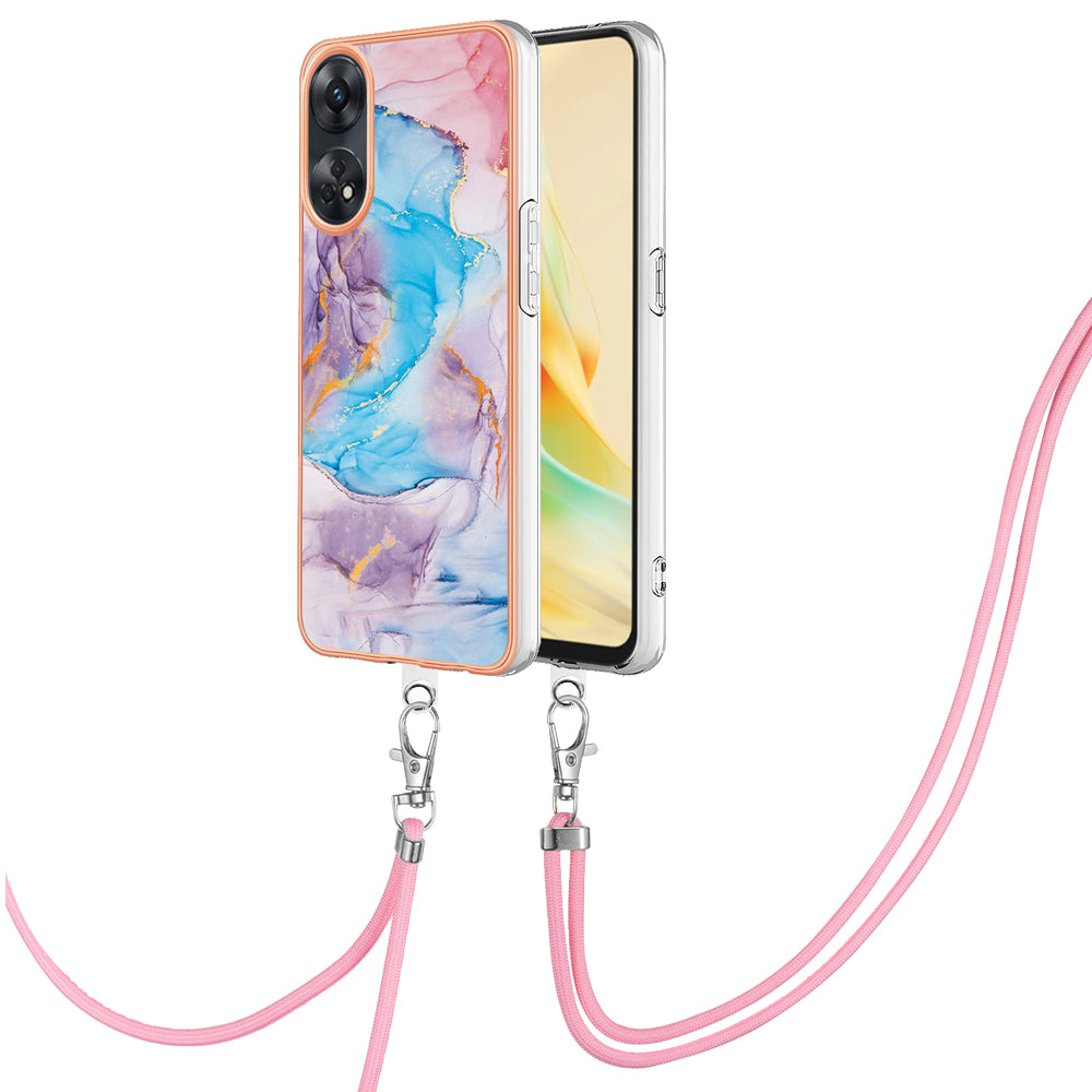 YB IMD Series-4 for Oppo Reno8 T 4G Flexible TPU Cover Electroplating Marble Flower Pattern IMD Phone Case with Lanyard - Milky Way Marble Blue