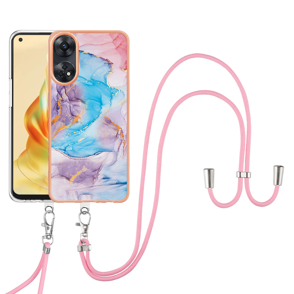YB IMD Series-4 for Oppo Reno8 T 4G Flexible TPU Cover Electroplating Marble Flower Pattern IMD Phone Case with Lanyard - Milky Way Marble Blue