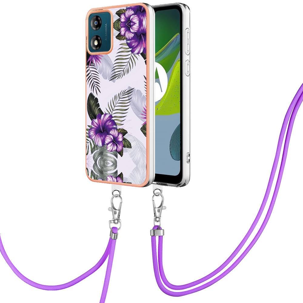 YB IMD Series-4 for Motorola Moto E13 4G Soft TPU Case Electroplating Marble Flower Pattern IMD Phone Cover with Lanyard - Purple Flowers