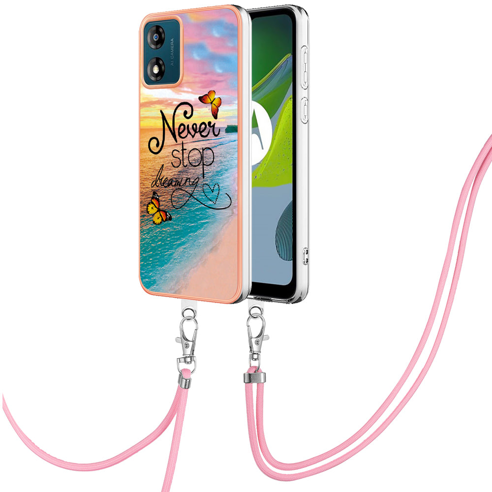 YB IMD Series-4 for Motorola Moto E13 4G Soft TPU Case Electroplating Marble Flower Pattern IMD Phone Cover with Lanyard - Never Stop Dreaming