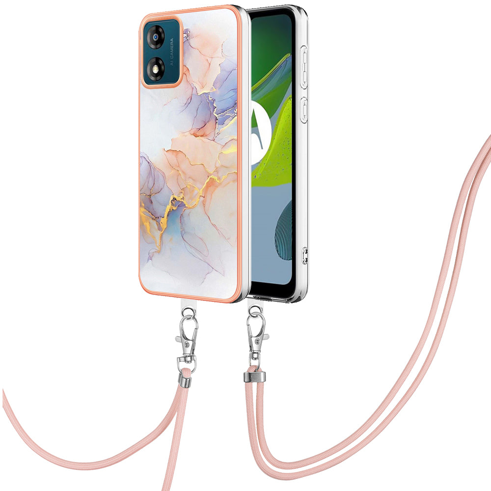 YB IMD Series-4 for Motorola Moto E13 4G Soft TPU Case Electroplating Marble Flower Pattern IMD Phone Cover with Lanyard - Milky Way Marble White