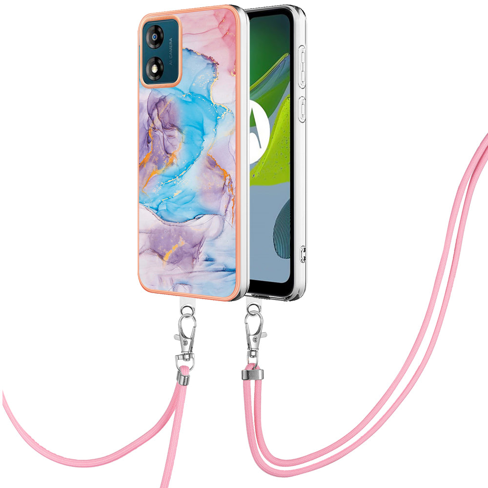 YB IMD Series-4 for Motorola Moto E13 4G Soft TPU Case Electroplating Marble Flower Pattern IMD Phone Cover with Lanyard - Milky Way Marble Blue