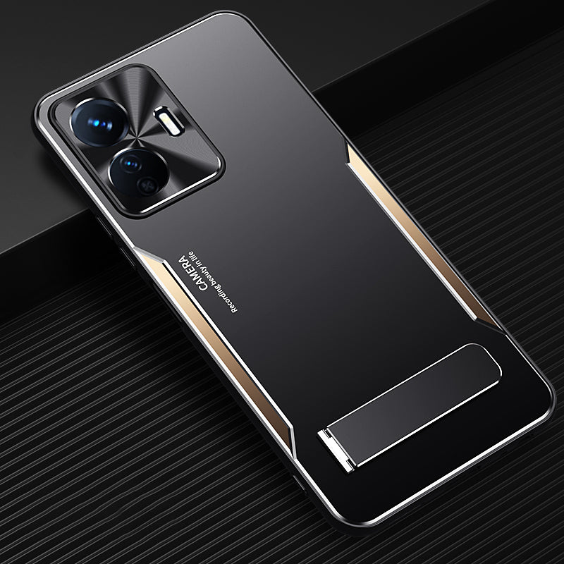 Kickstand Phone Cover for vivo Y77e 5G TPU+Aluminium Alloy Anti-drop Back Case - Gold