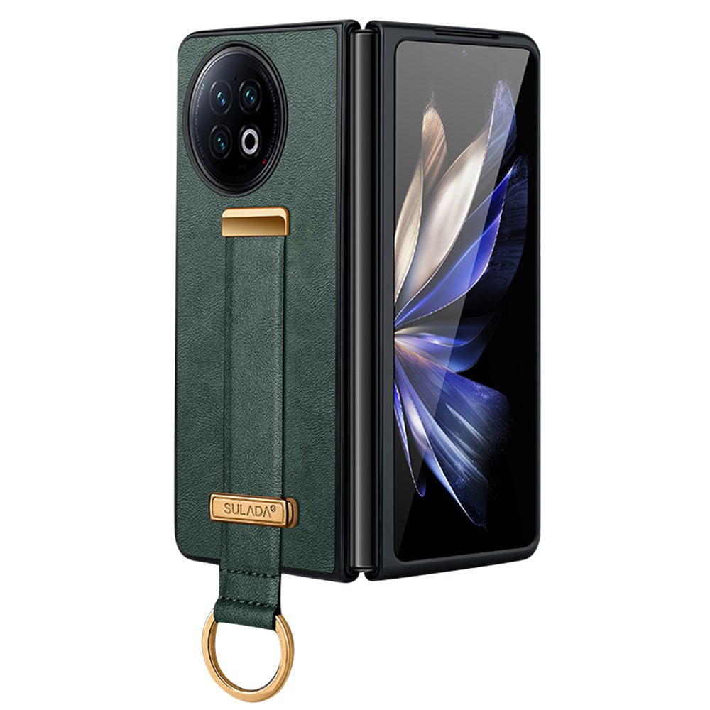 Uniqkart Fashion Series for vivo X Fold2 Leather Coated PC Cover Wristband Kickstand Folding Phone Case - Green