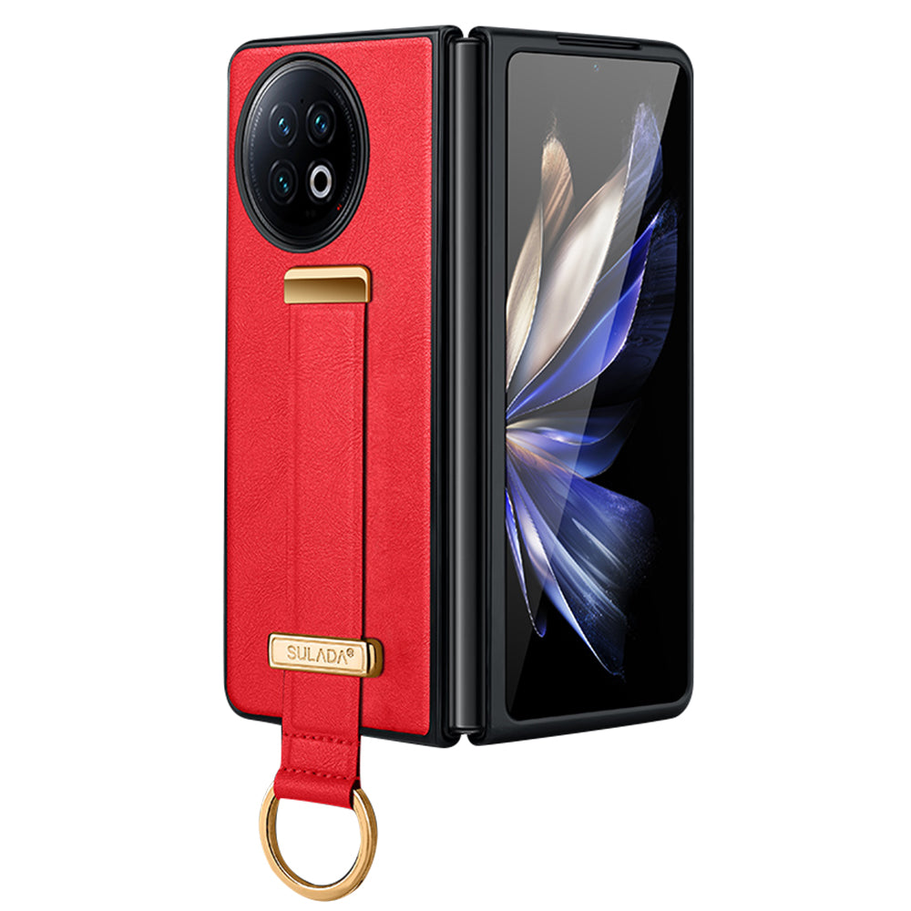 Uniqkart Fashion Series for vivo X Fold2 Leather Coated PC Cover Wristband Kickstand Folding Phone Case - Red