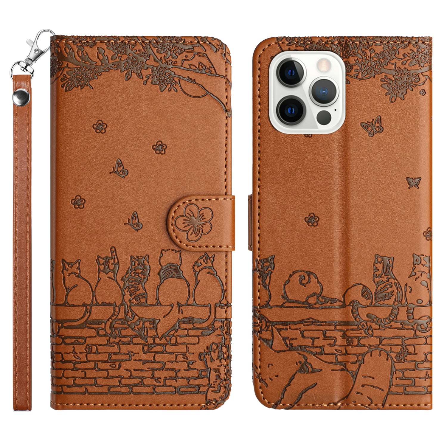 Wallet Phone Case for iPhone 14 Pro , Stand PU Leather Wall Cats Imprinted Cover with Strap - Brown