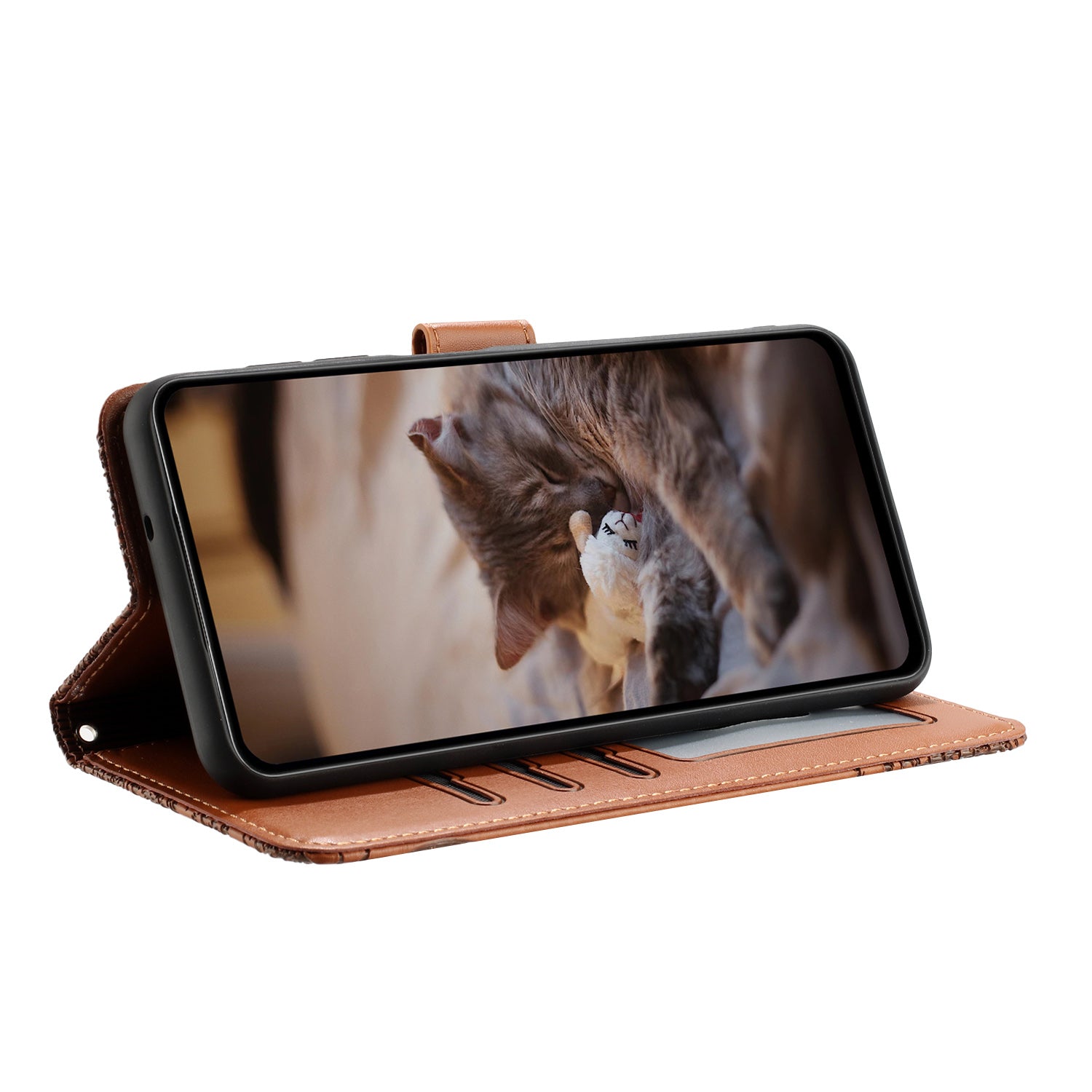 Wallet Phone Case for iPhone 14 Pro , Stand PU Leather Wall Cats Imprinted Cover with Strap - Brown