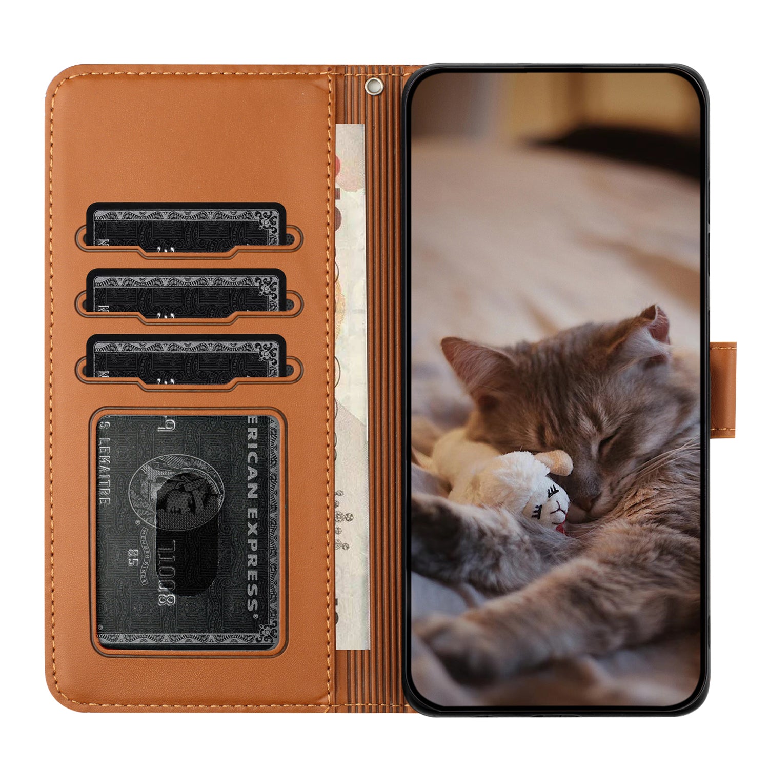 Wallet Phone Case for iPhone 14 Pro , Stand PU Leather Wall Cats Imprinted Cover with Strap - Brown