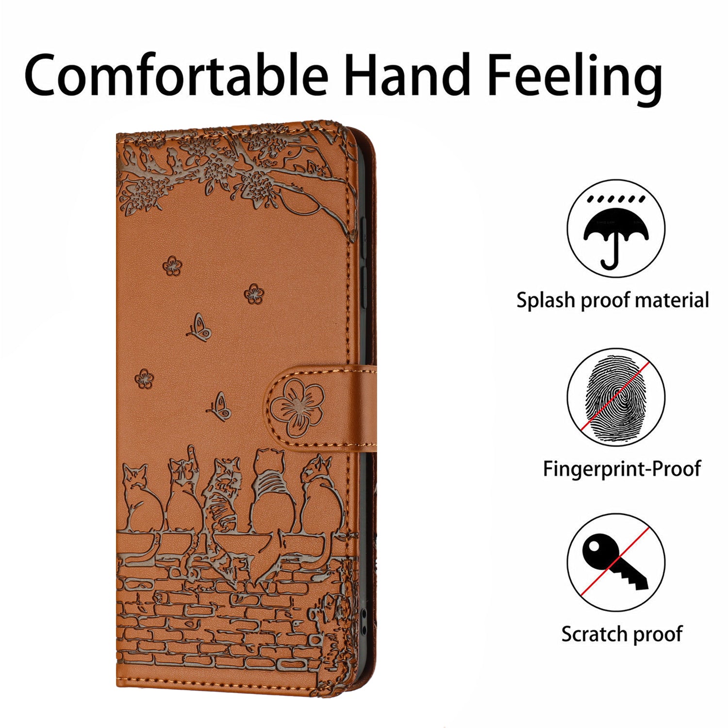 Wallet Phone Case for iPhone 14 Pro , Stand PU Leather Wall Cats Imprinted Cover with Strap - Brown