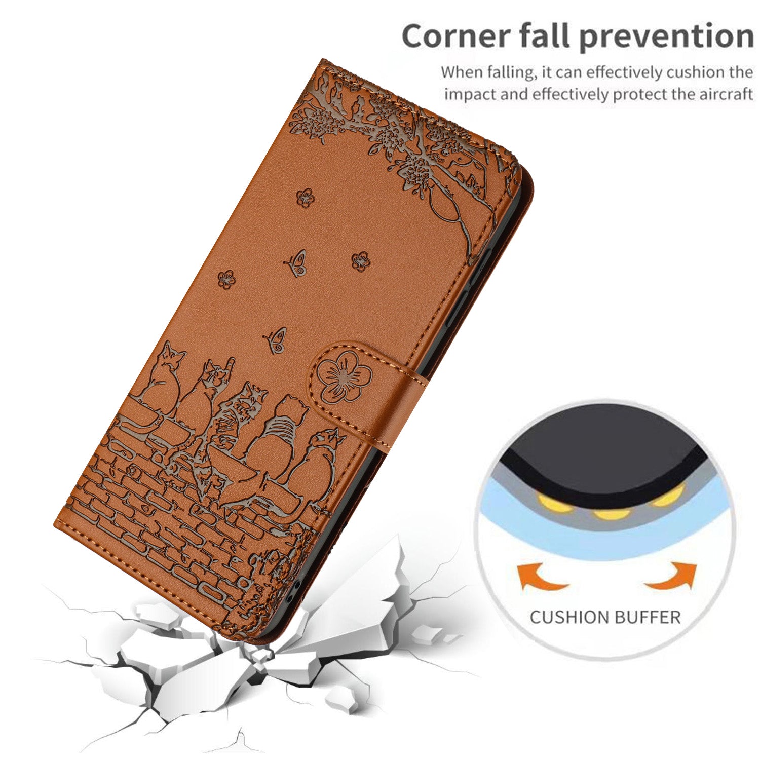 Wallet Phone Case for iPhone 14 Pro , Stand PU Leather Wall Cats Imprinted Cover with Strap - Brown