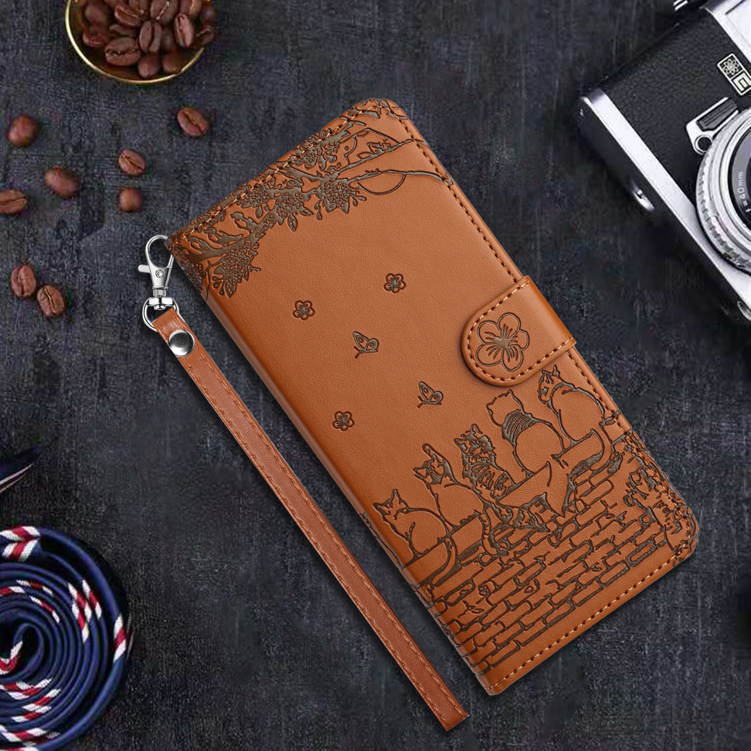 Wallet Phone Case for iPhone 14 Pro , Stand PU Leather Wall Cats Imprinted Cover with Strap - Brown