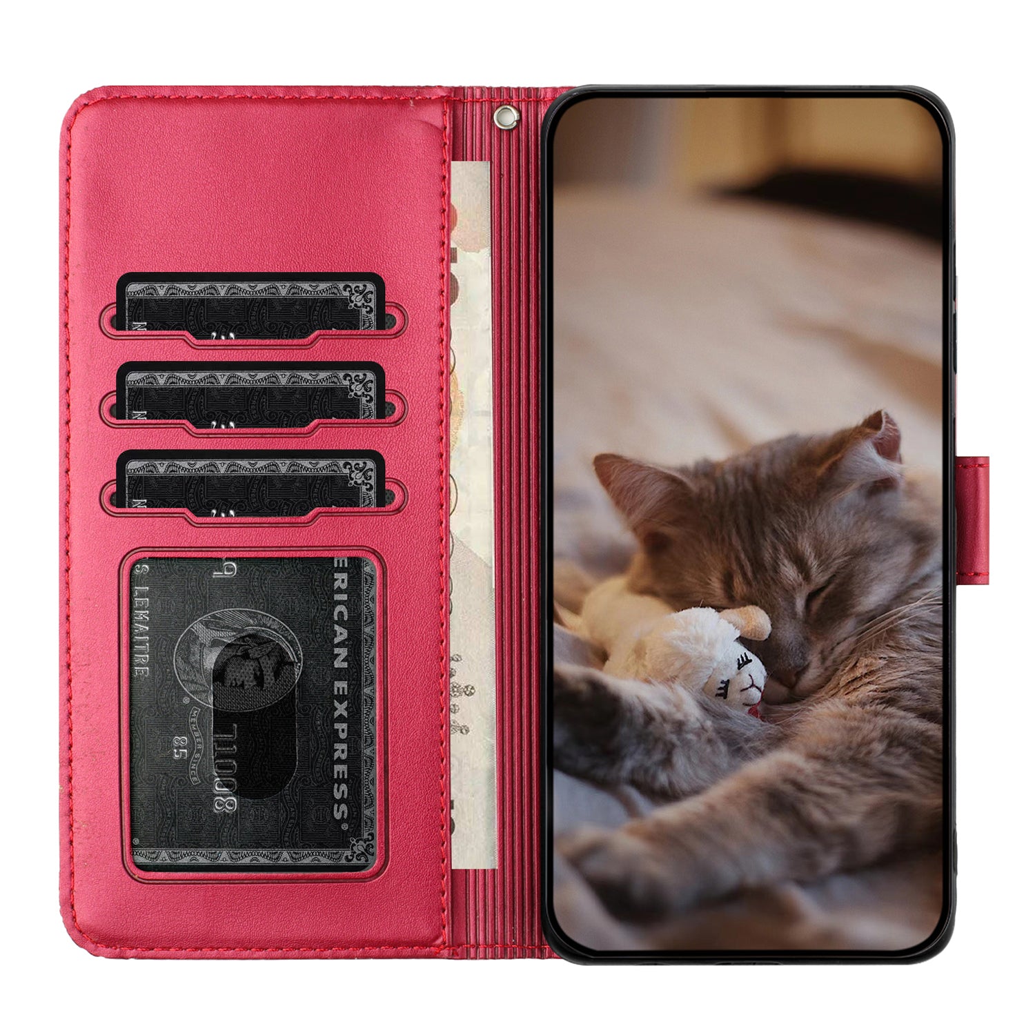 Wallet Phone Case for iPhone 14 Pro , Stand PU Leather Wall Cats Imprinted Cover with Strap - Red