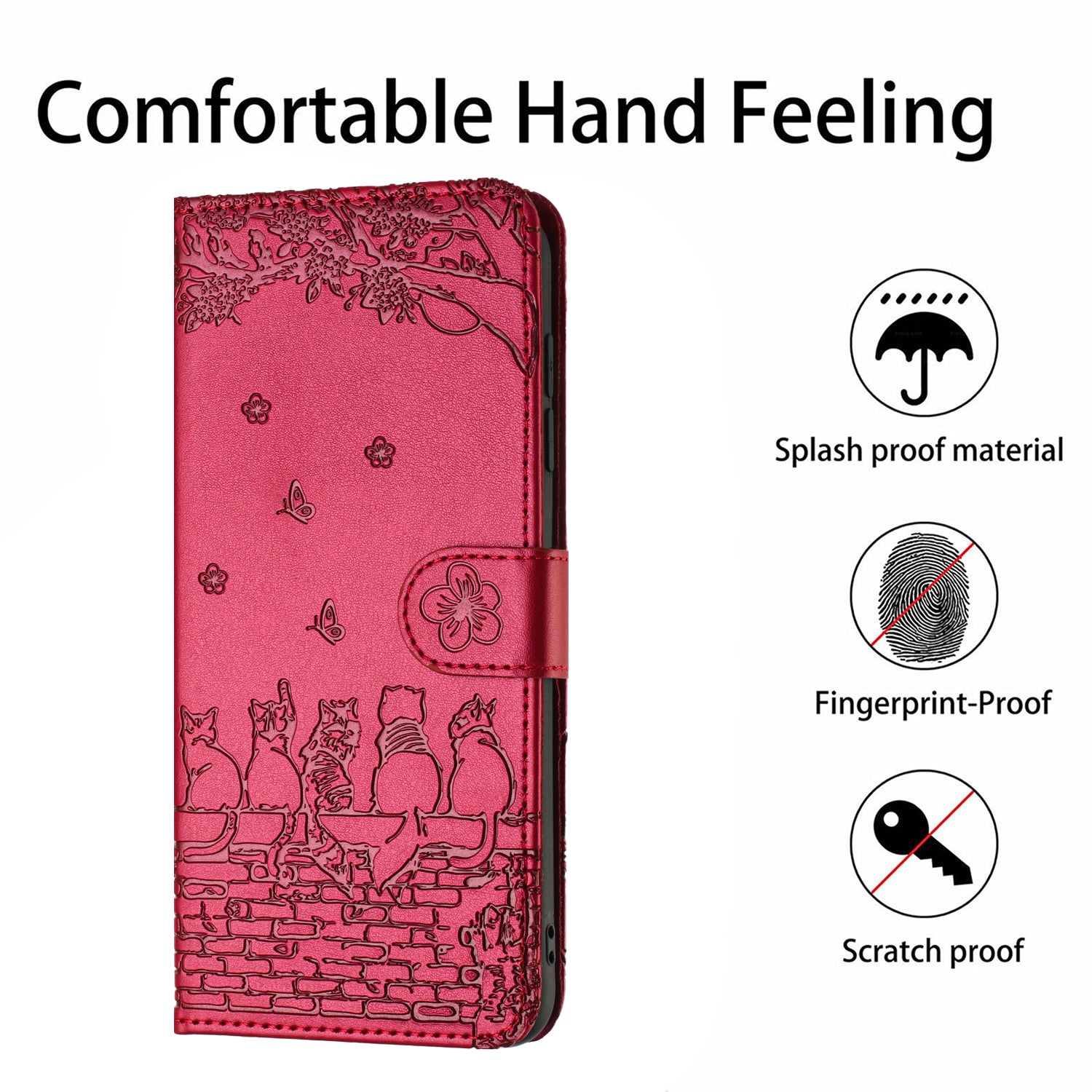 Wallet Phone Case for iPhone 14 Pro , Stand PU Leather Wall Cats Imprinted Cover with Strap - Red