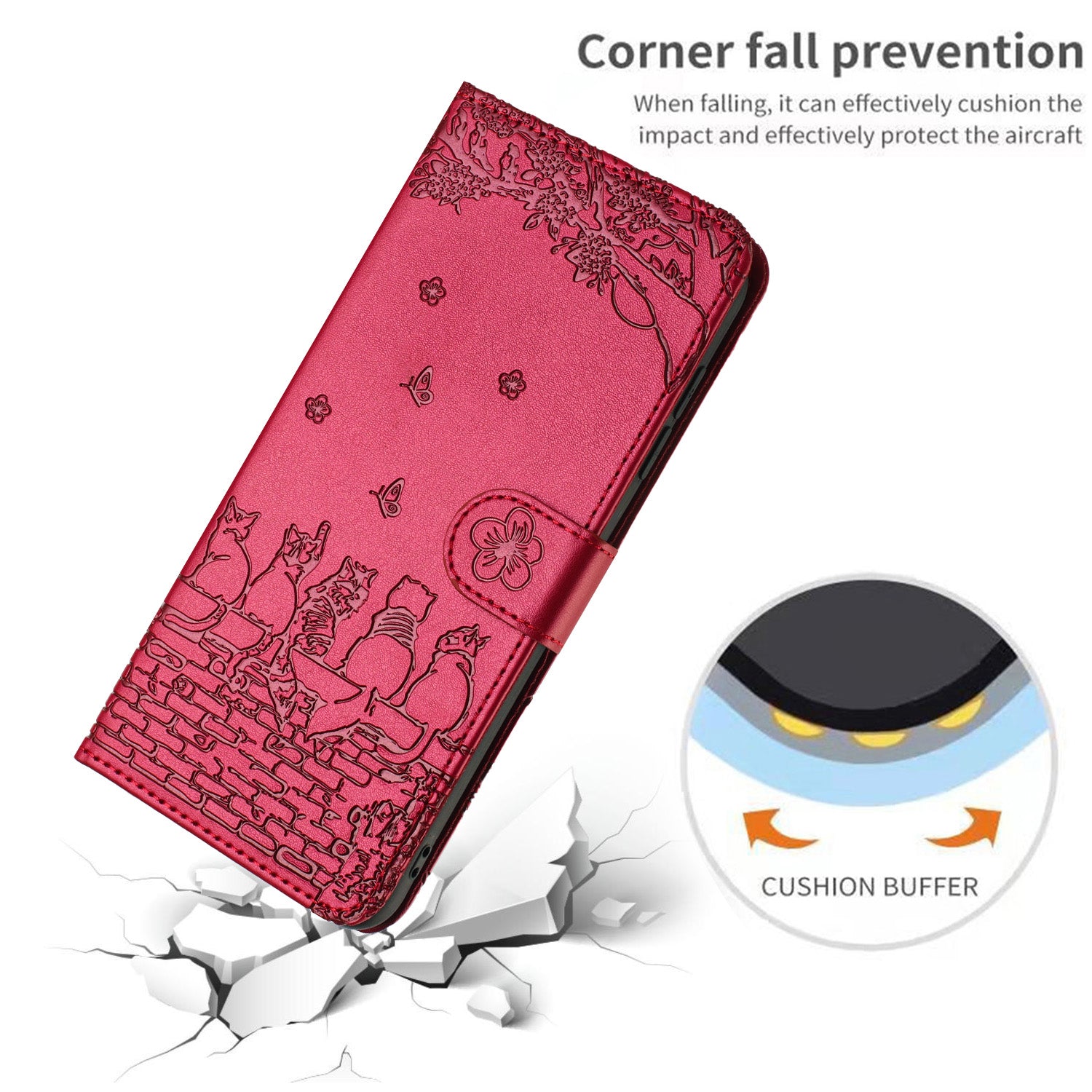 Wallet Phone Case for iPhone 14 Pro , Stand PU Leather Wall Cats Imprinted Cover with Strap - Red