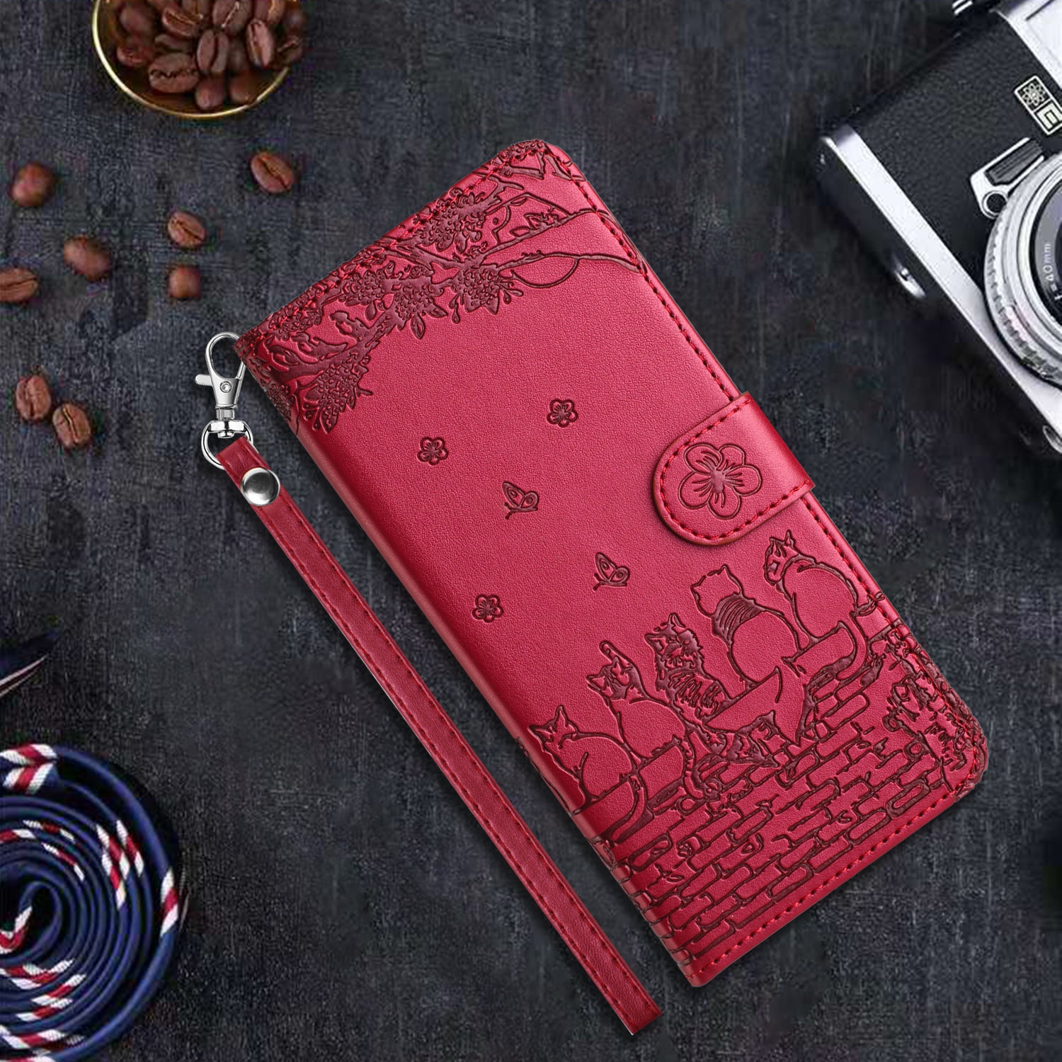 Wallet Phone Case for iPhone 14 Pro , Stand PU Leather Wall Cats Imprinted Cover with Strap - Red