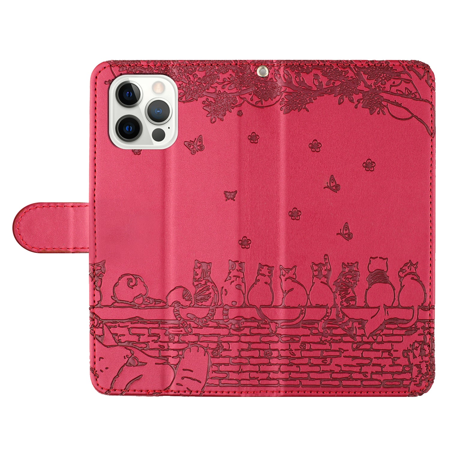 Wallet Phone Case for iPhone 14 Pro , Stand PU Leather Wall Cats Imprinted Cover with Strap - Red