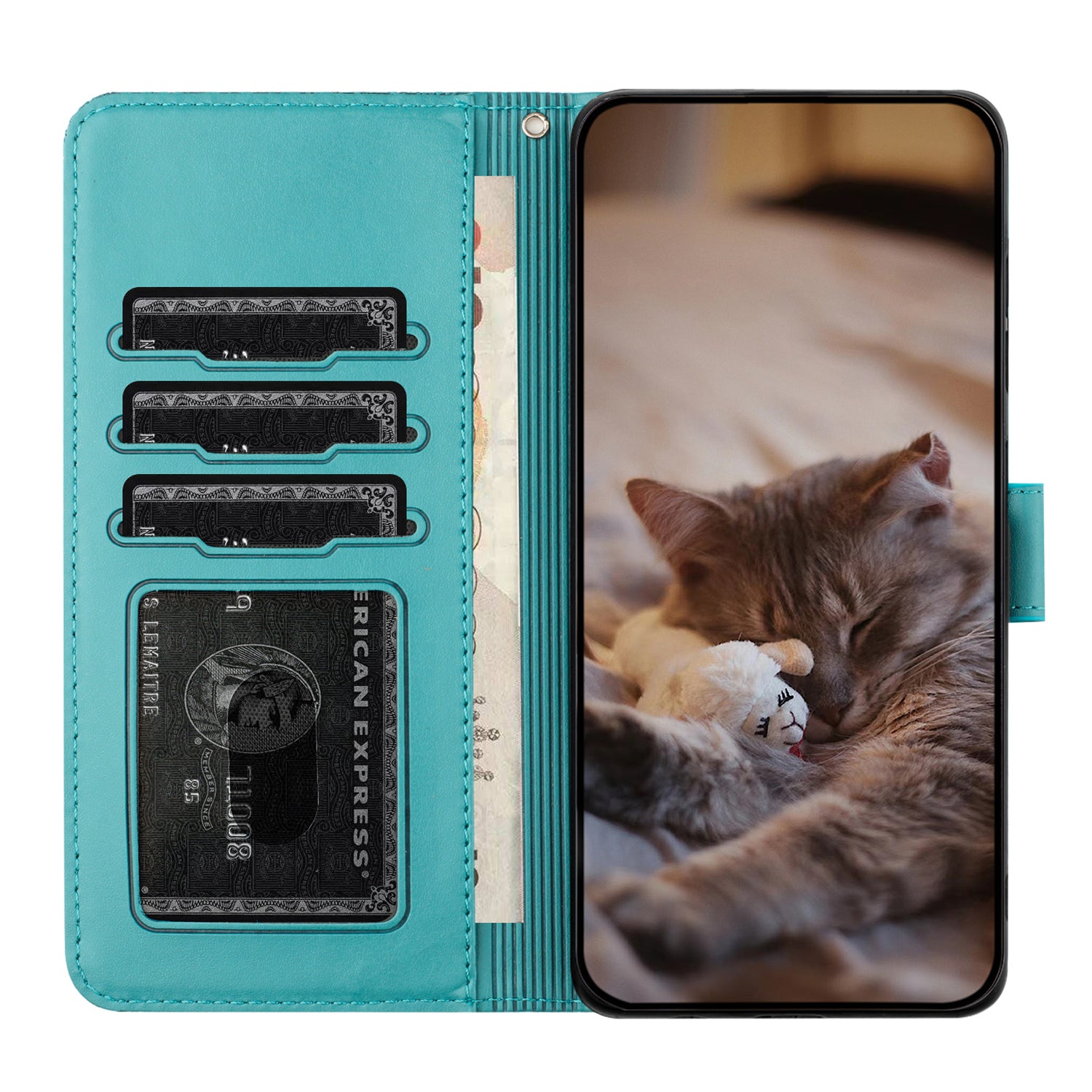 Wallet Phone Case for iPhone 14 Pro , Stand PU Leather Wall Cats Imprinted Cover with Strap - Blue