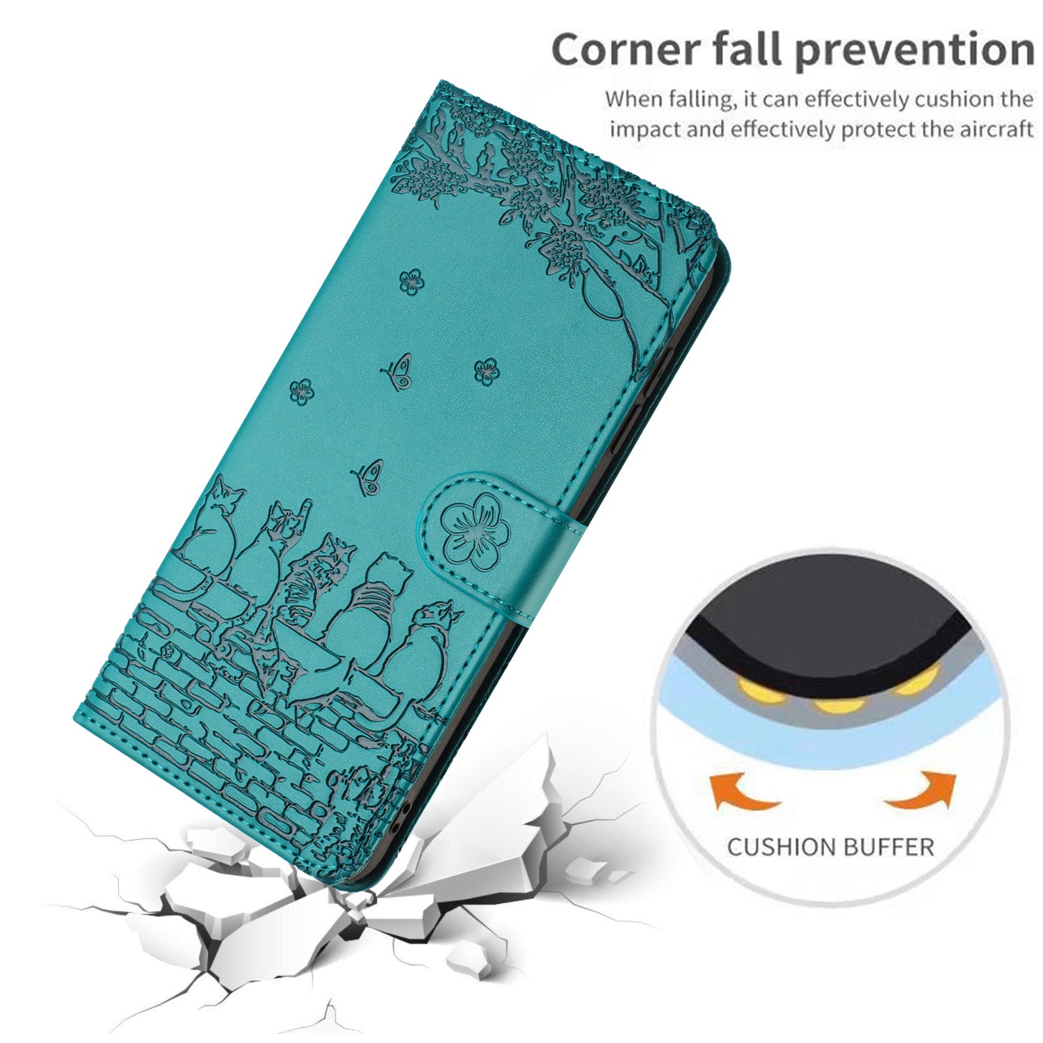 Wallet Phone Case for iPhone 14 Pro , Stand PU Leather Wall Cats Imprinted Cover with Strap - Blue