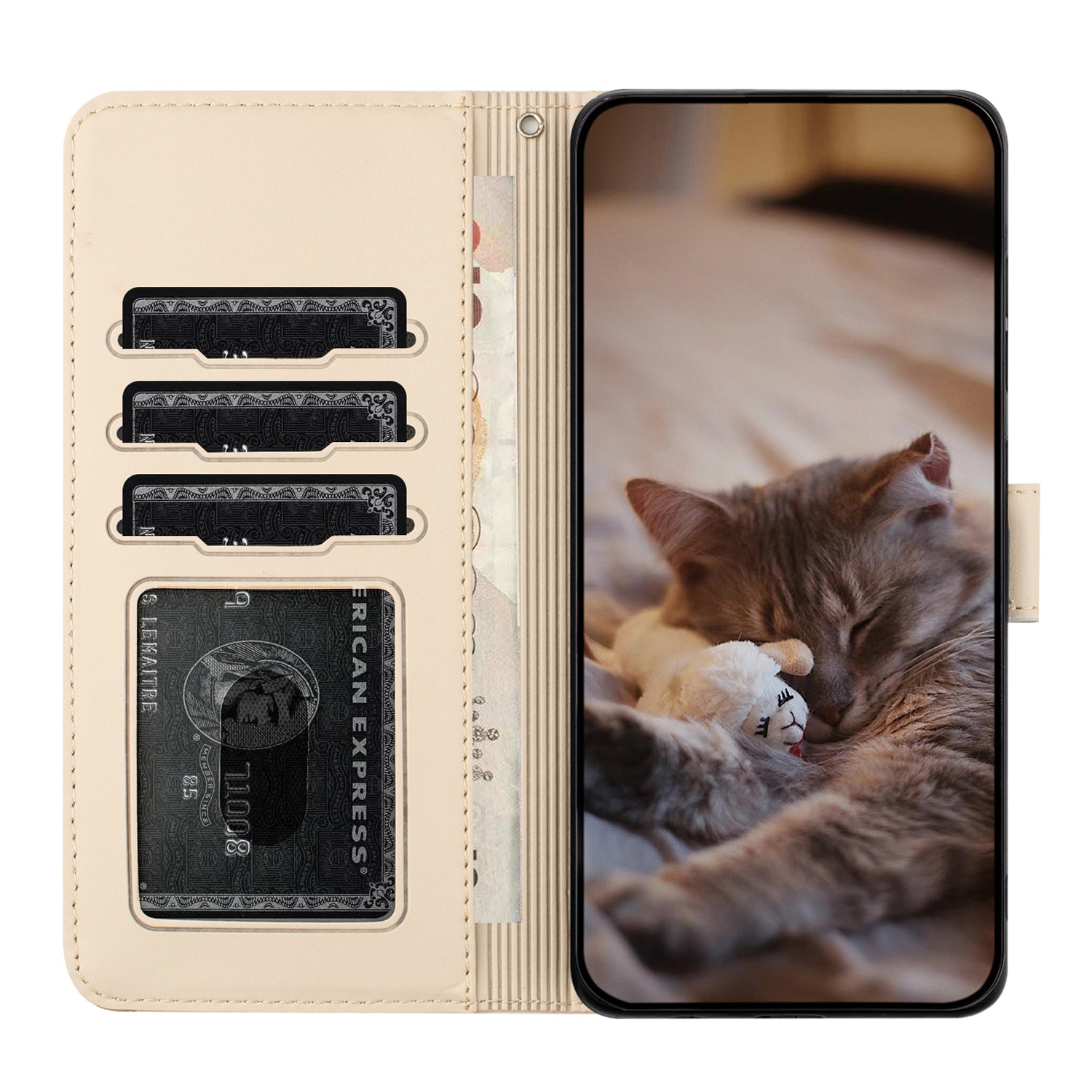 Wallet Phone Case for iPhone 14 Pro , Stand PU Leather Wall Cats Imprinted Cover with Strap - Apricot