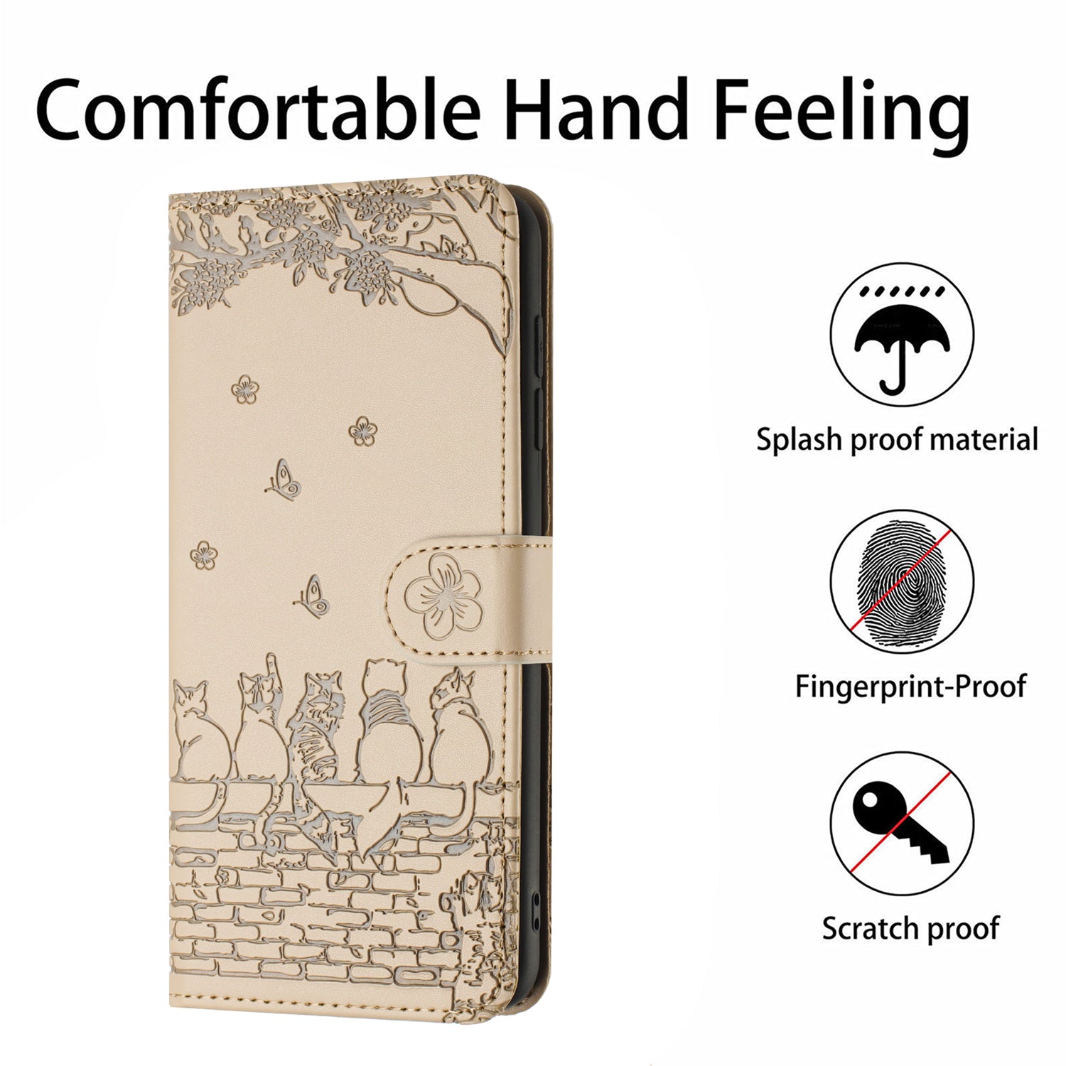 Wallet Phone Case for iPhone 14 Pro , Stand PU Leather Wall Cats Imprinted Cover with Strap - Apricot