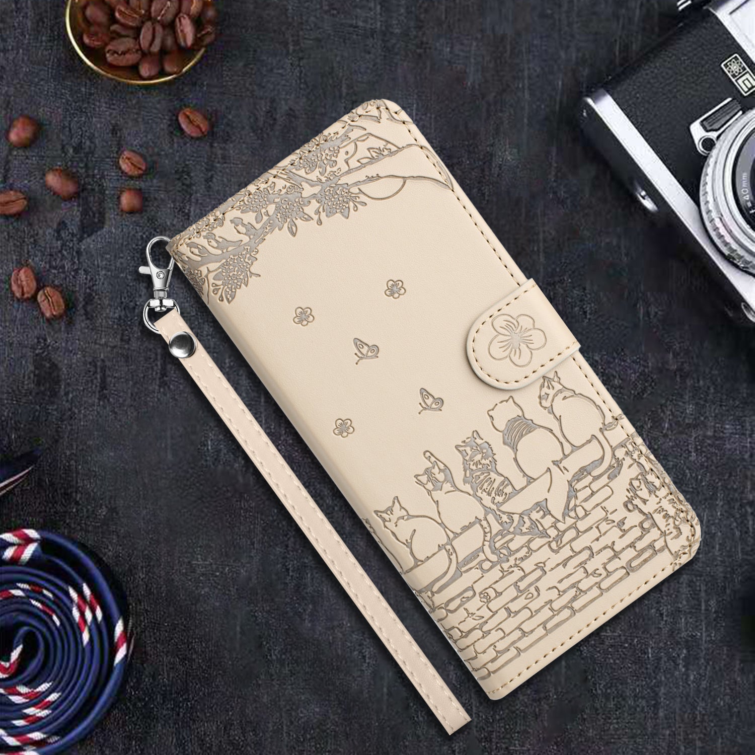 Wallet Phone Case for iPhone 14 Pro , Stand PU Leather Wall Cats Imprinted Cover with Strap - Apricot