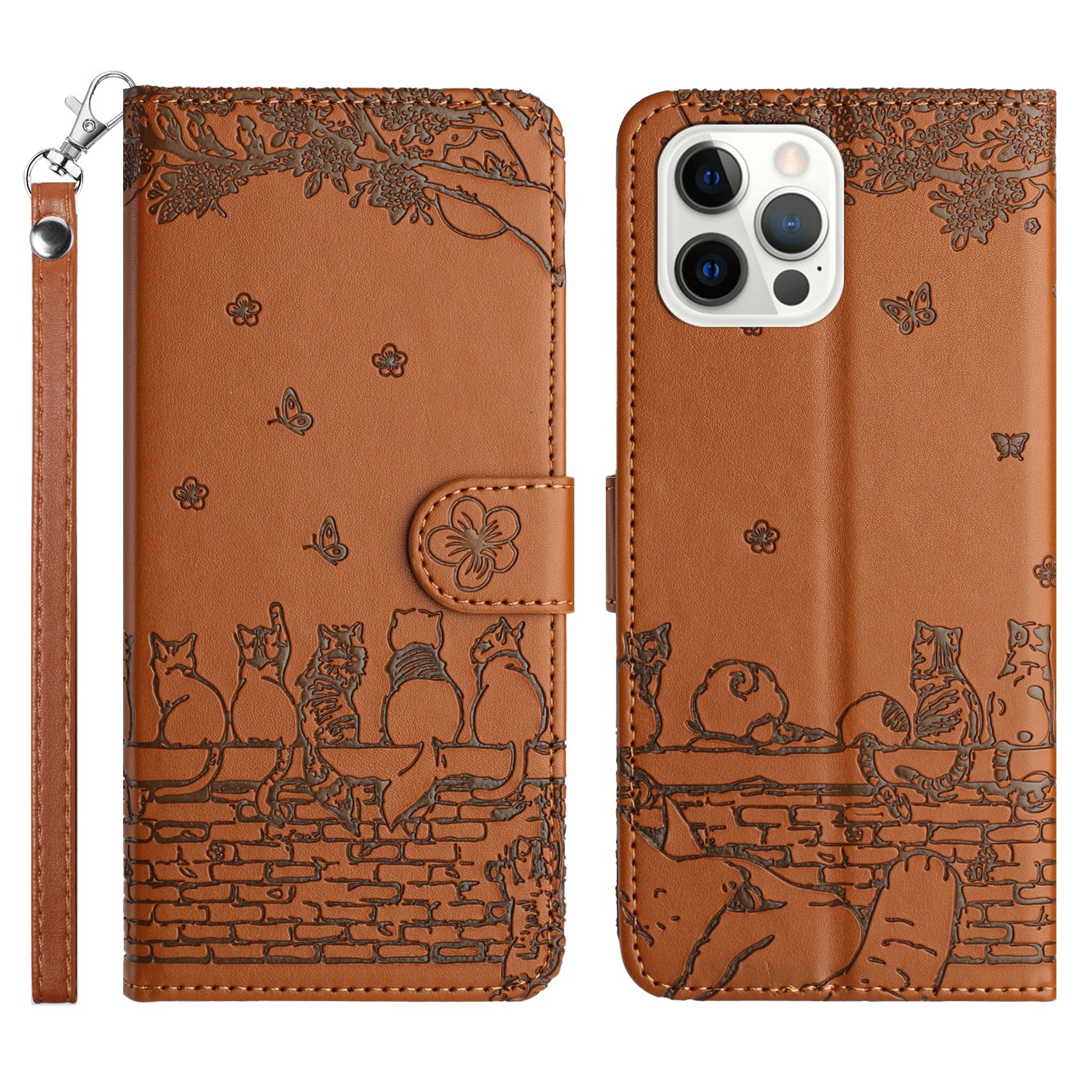 Wall Cats Imprinted PU Leather Case for iPhone 15 Pro , Stand Wallet Phone Cover with Strap - Brown