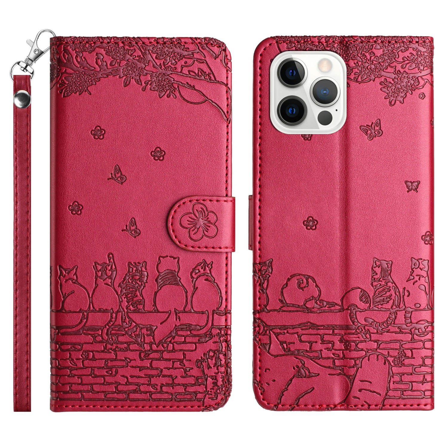 Wall Cats Imprinted PU Leather Case for iPhone 15 Pro , Stand Wallet Phone Cover with Strap - Red