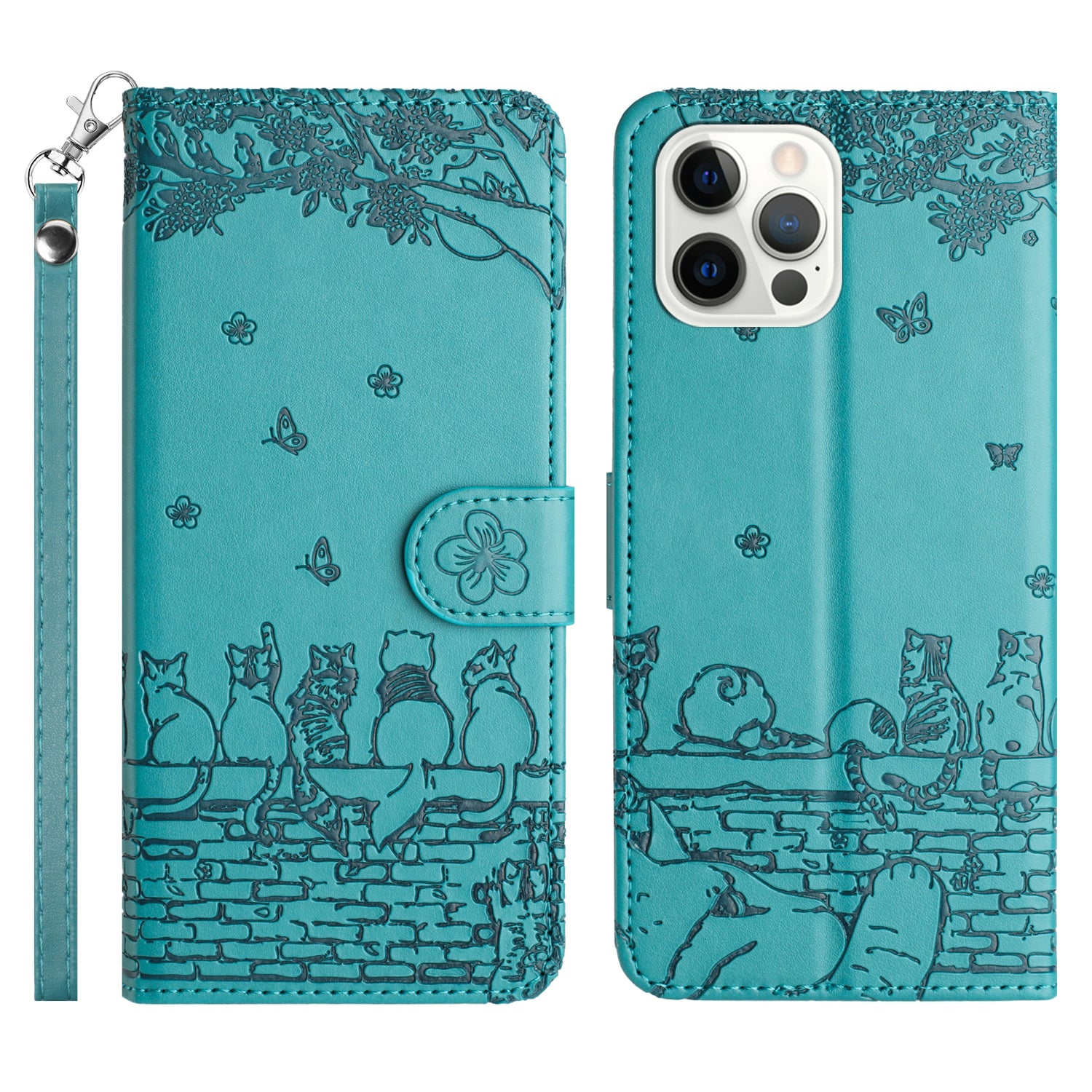 Wall Cats Imprinted PU Leather Case for iPhone 15 Pro , Stand Wallet Phone Cover with Strap - Blue