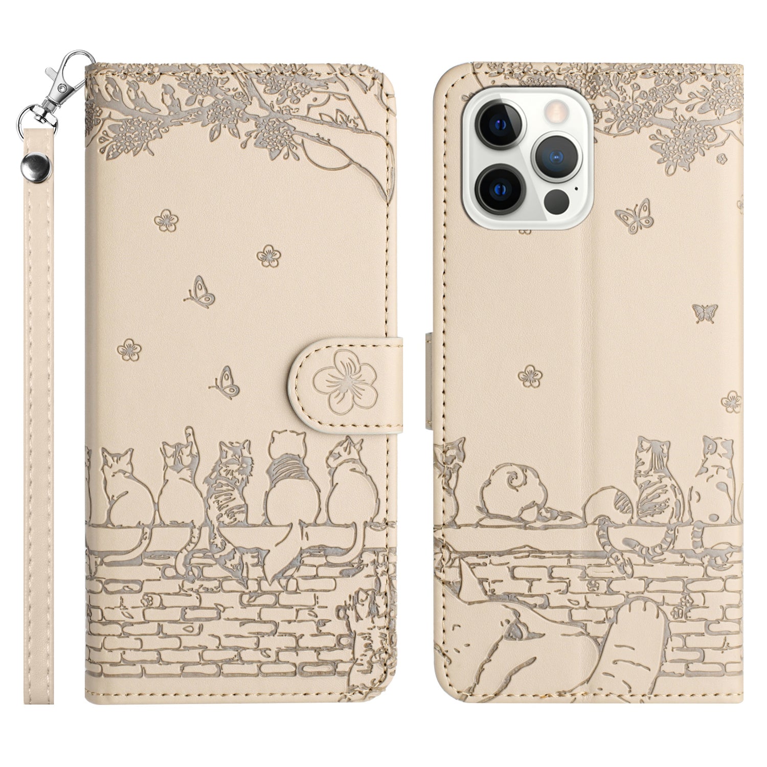 Wall Cats Imprinted PU Leather Case for iPhone 15 Pro , Stand Wallet Phone Cover with Strap - Apricot