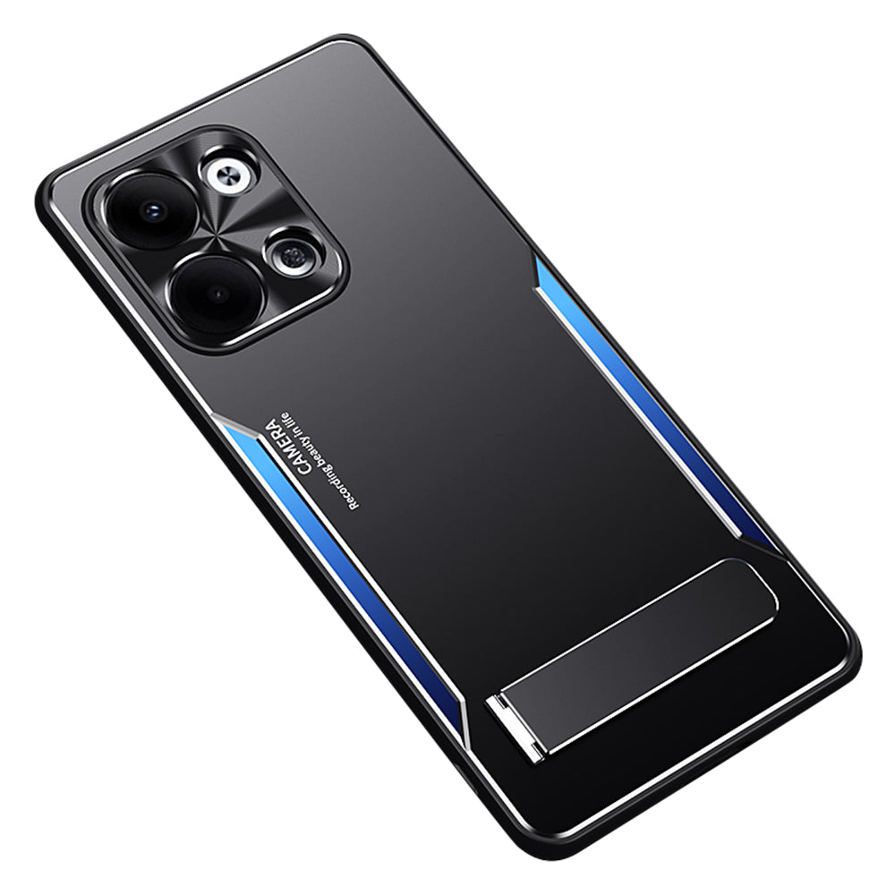 Uniqkart for Oppo Reno9 Pro 5G Anti-Fingerprint Cell Phone Shell TPU+Aluminium Alloy Cover Kickstand Case - Blue