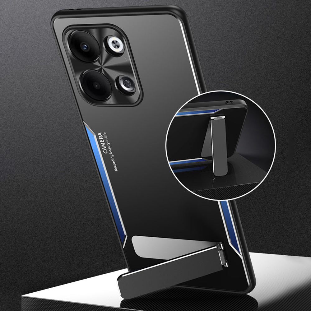 Uniqkart for Oppo Reno9 Pro 5G Anti-Fingerprint Cell Phone Shell TPU+Aluminium Alloy Cover Kickstand Case - Blue