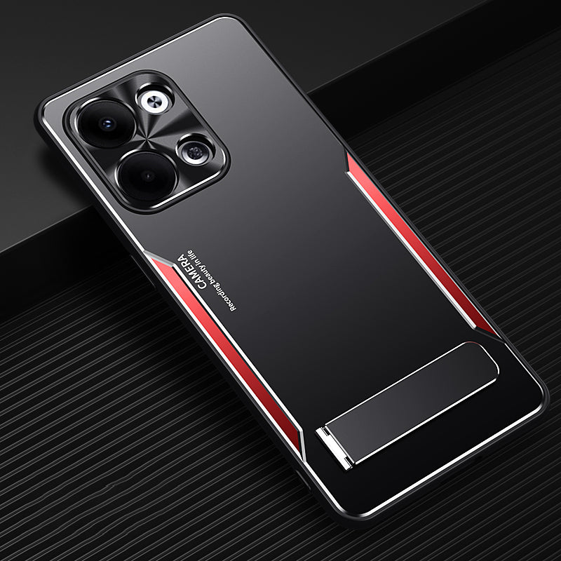 Uniqkart for Oppo Reno9 Pro 5G Anti-Fingerprint Cell Phone Shell TPU+Aluminium Alloy Cover Kickstand Case - Red