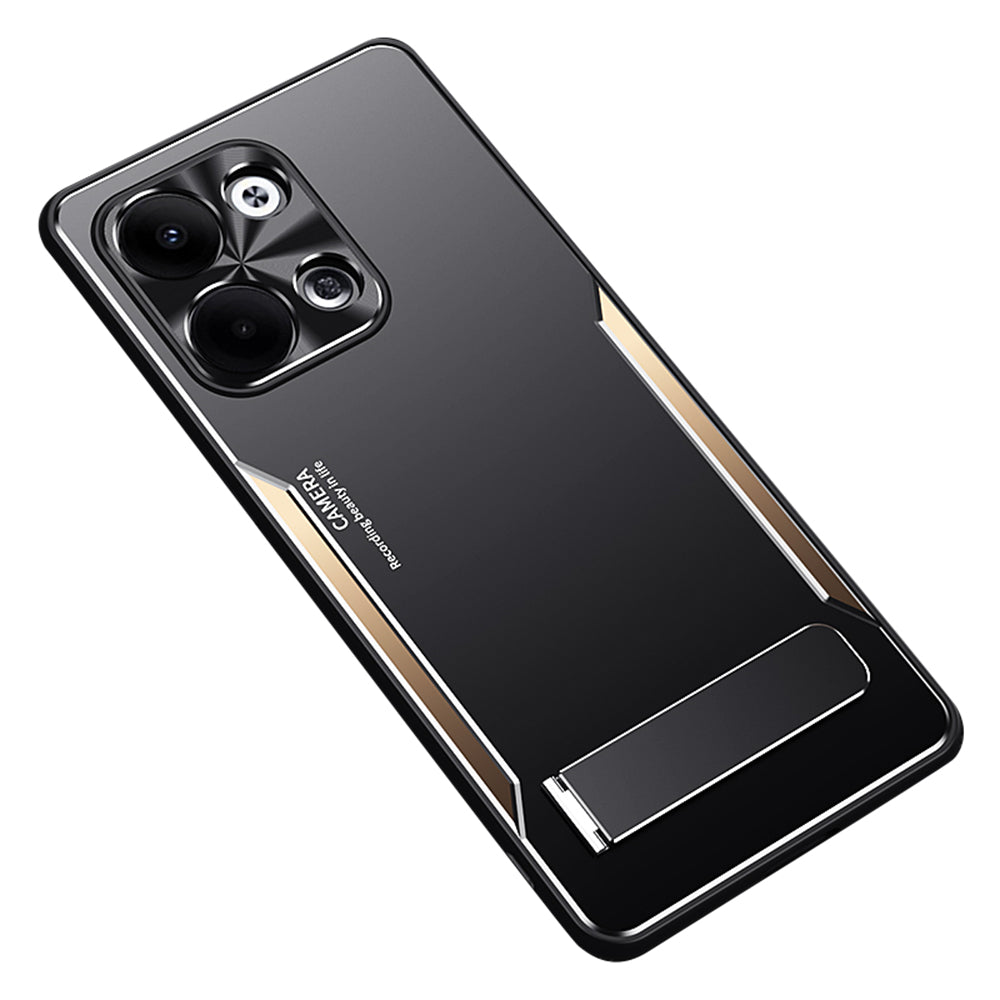 Uniqkart for Oppo Reno9 Pro 5G Anti-Fingerprint Cell Phone Shell TPU+Aluminium Alloy Cover Kickstand Case - Gold