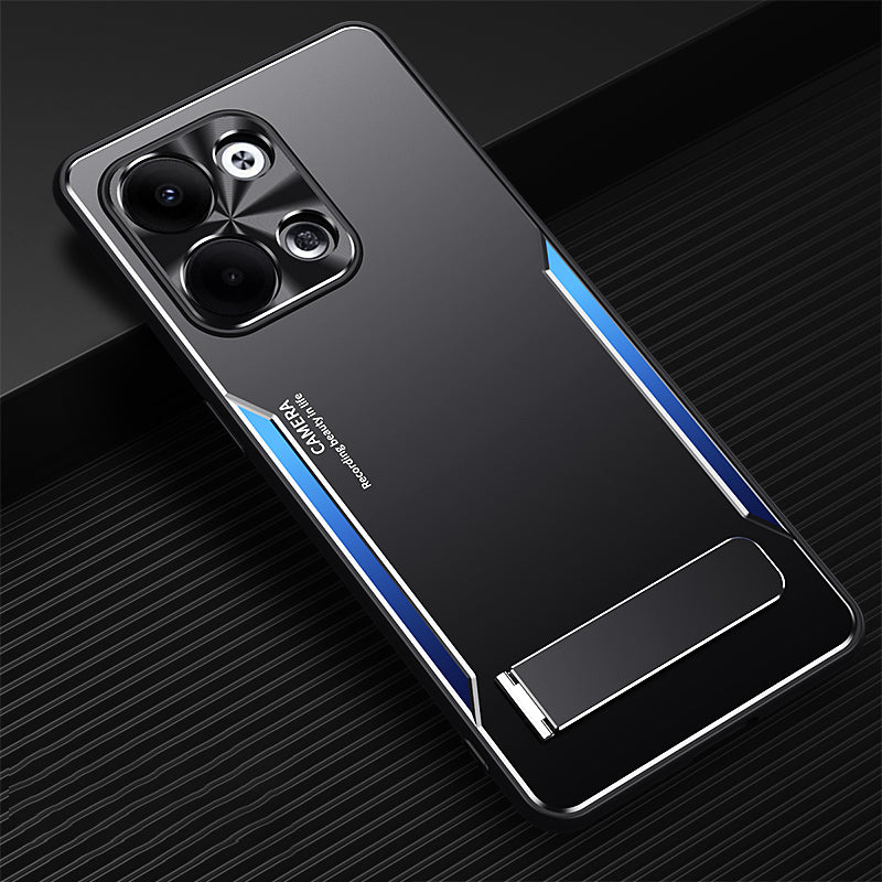 Uniqkart for Oppo Reno9 5G Aluminium Alloy+TPU Cell Phone Cover Anti-Scratch Kickstand Phone Case - Blue